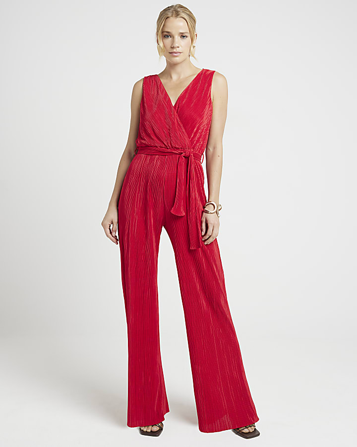 Red Belted Plisse Jumpsuit