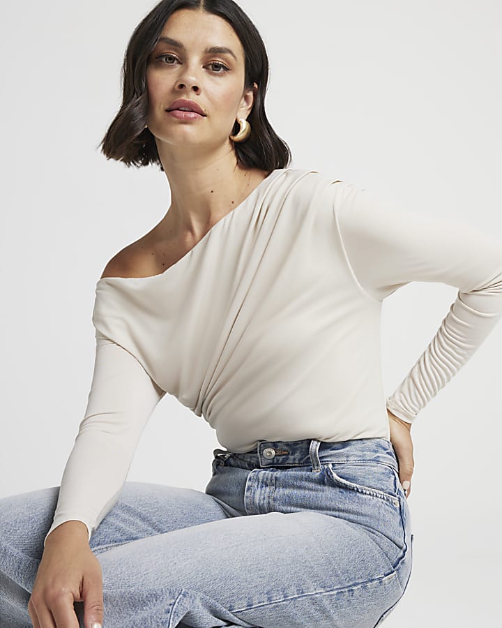 Cream drape off shoulder bodysuit