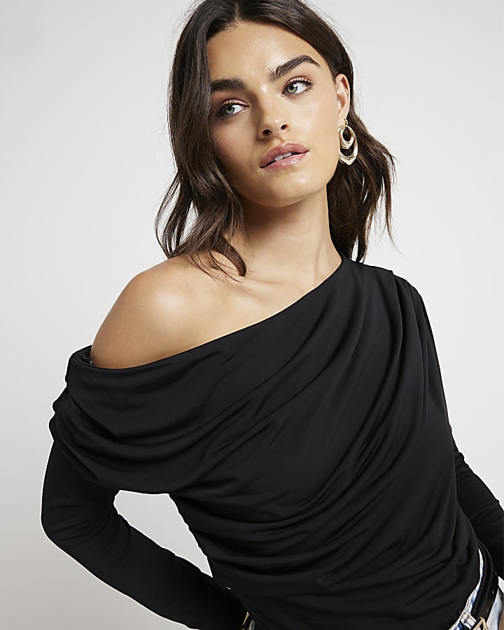 Black Drape Off Shoulder Bodysuit