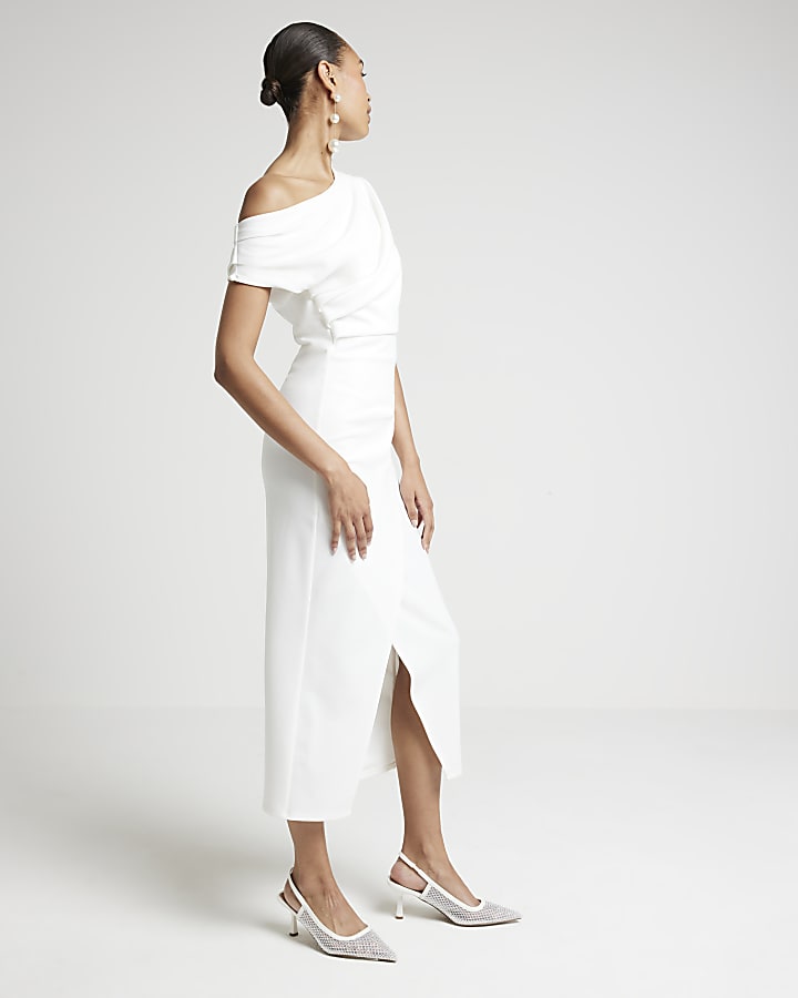 White Drape Off Shoulder Bodycon Midi Dress