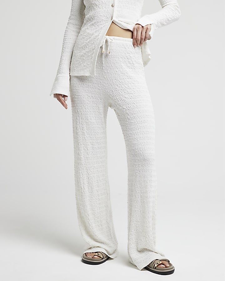 Cream Textured Wide Leg Trousers