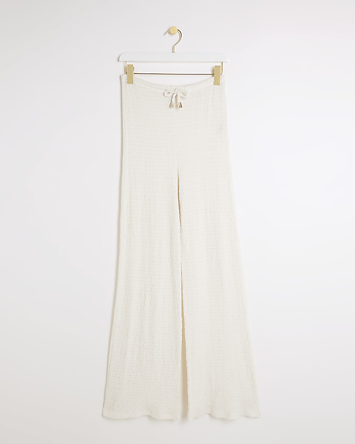 Cream Textured Wide Leg Trousers