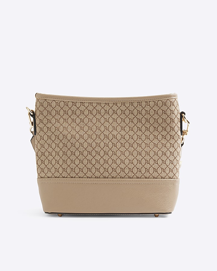 Beige Ri monogram bucket cross body bag