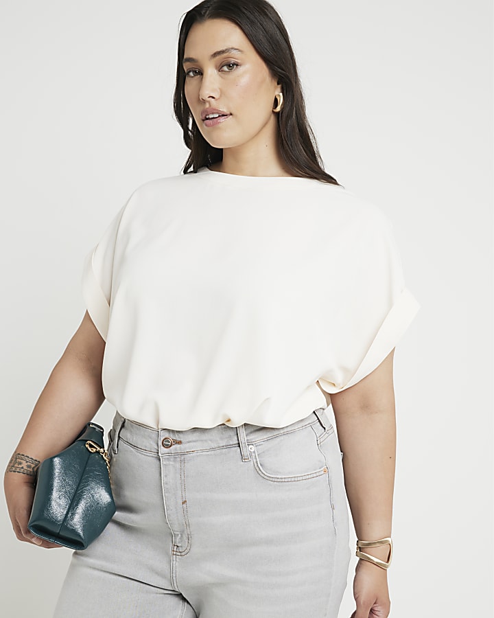 Plus cream Crepe Turned Cuff T-Shirt