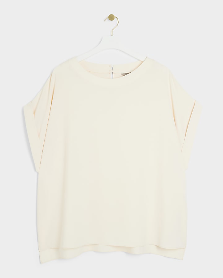 Plus cream Crepe Turned Cuff T-Shirt