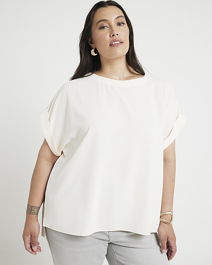 Plus cream Crepe Turned Cuff T-Shirt