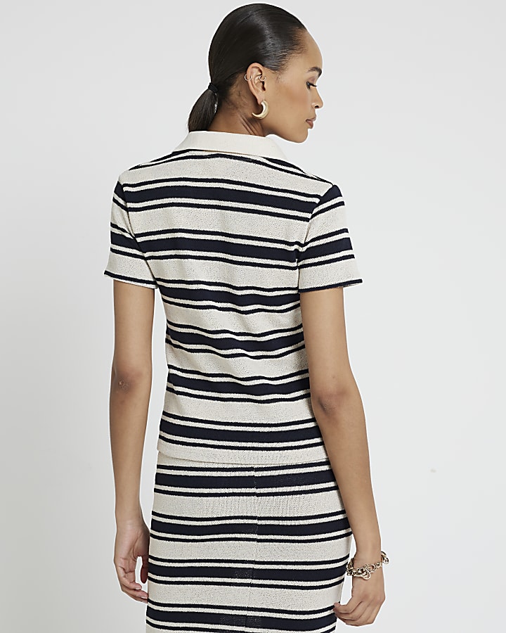 Cream crochet stripe polo t-shirt