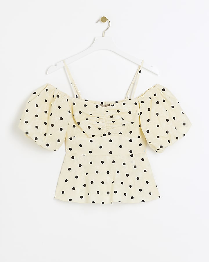 Yellow Spot Bardot Puff sleeve Top