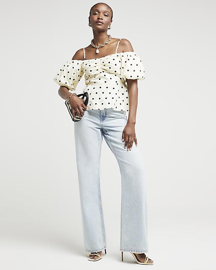 Yellow Spot Bardot Puff sleeve Top