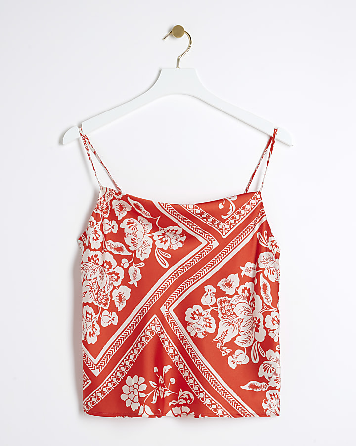 Red satin cowl neck scarf print cami