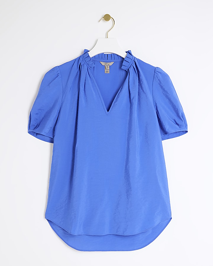 Blue frill neck blouse