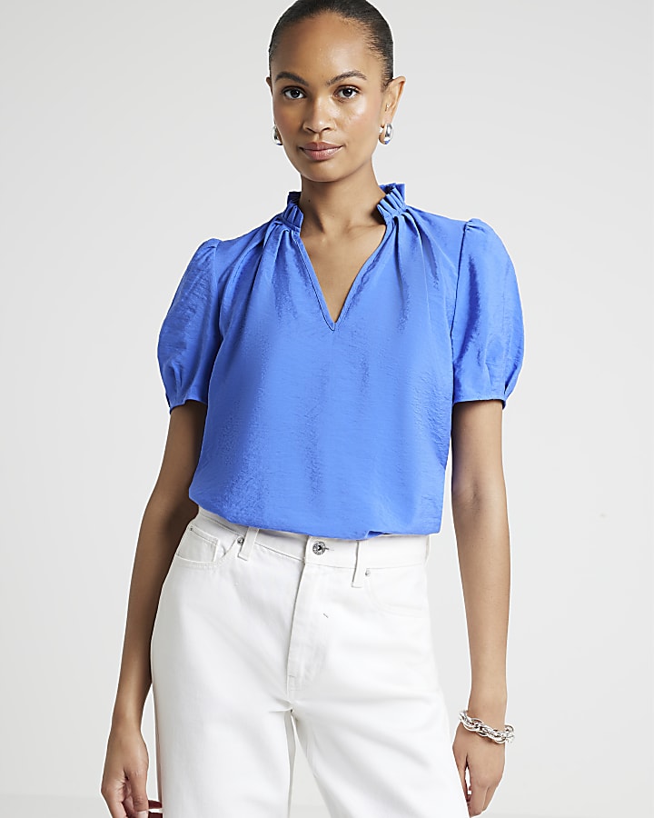 Blue frill neck blouse