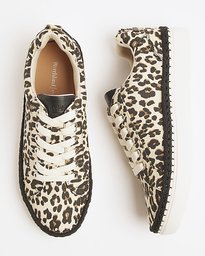 Beige canvas leopard print lace up trainers