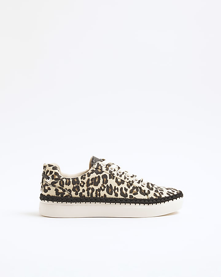 Beige canvas leopard print lace up trainers