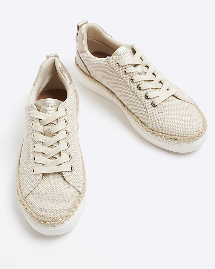 Beige Canvas Lace Up Trainers