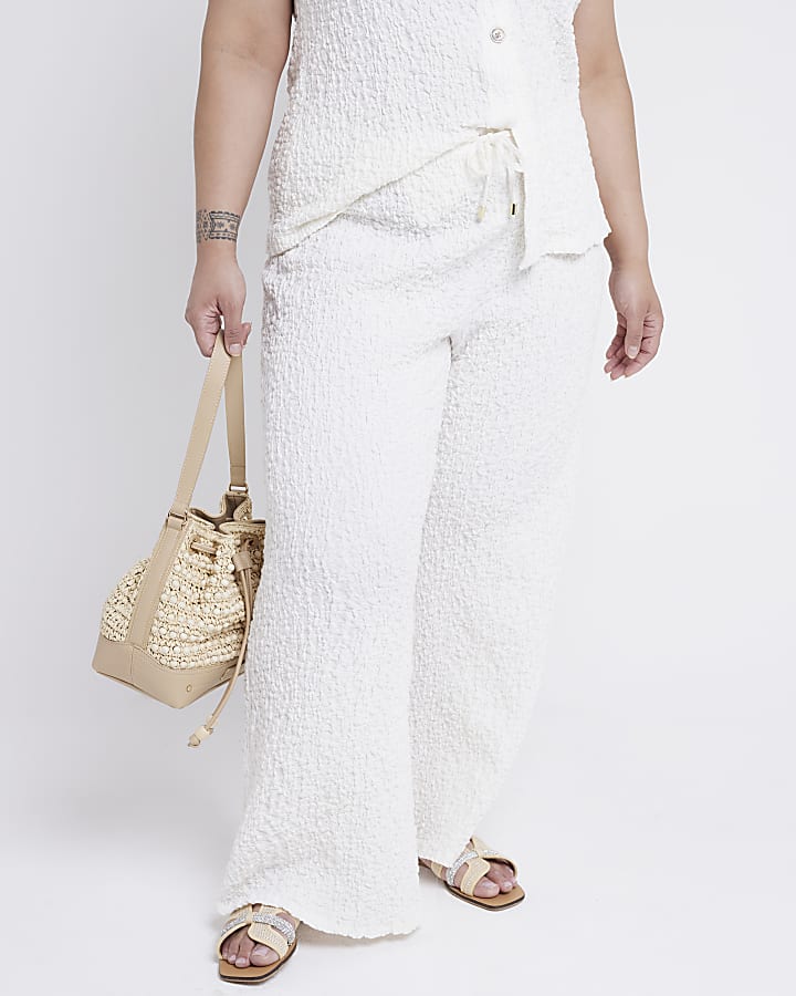 Cream Textured Wide Leg Trouser