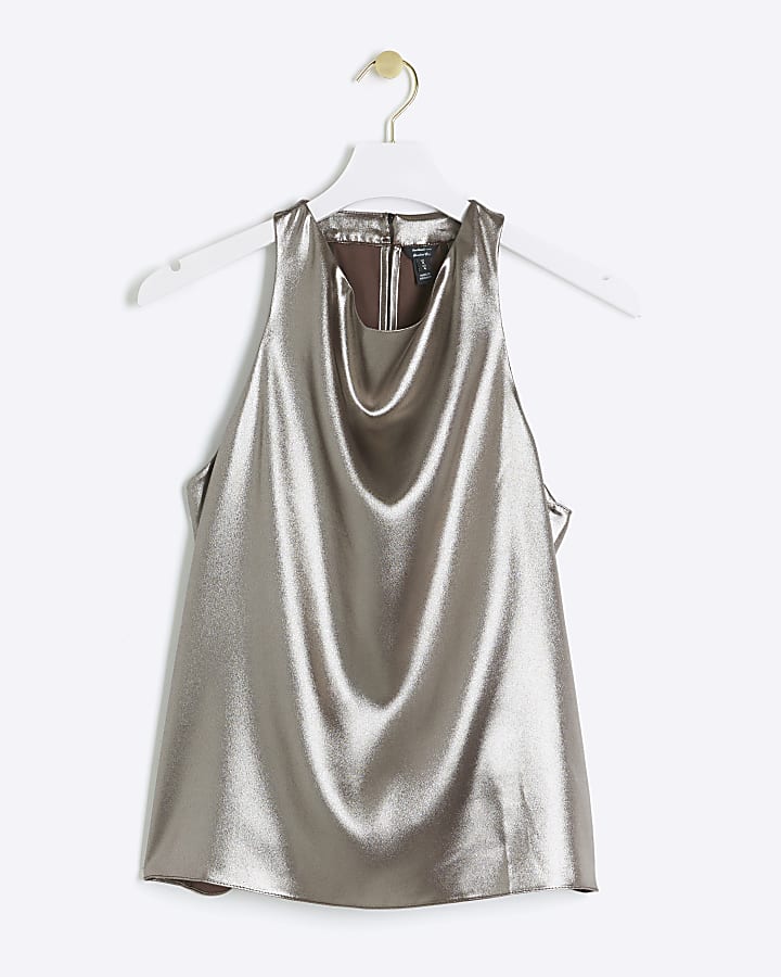 Brown foil cowl halter neck top