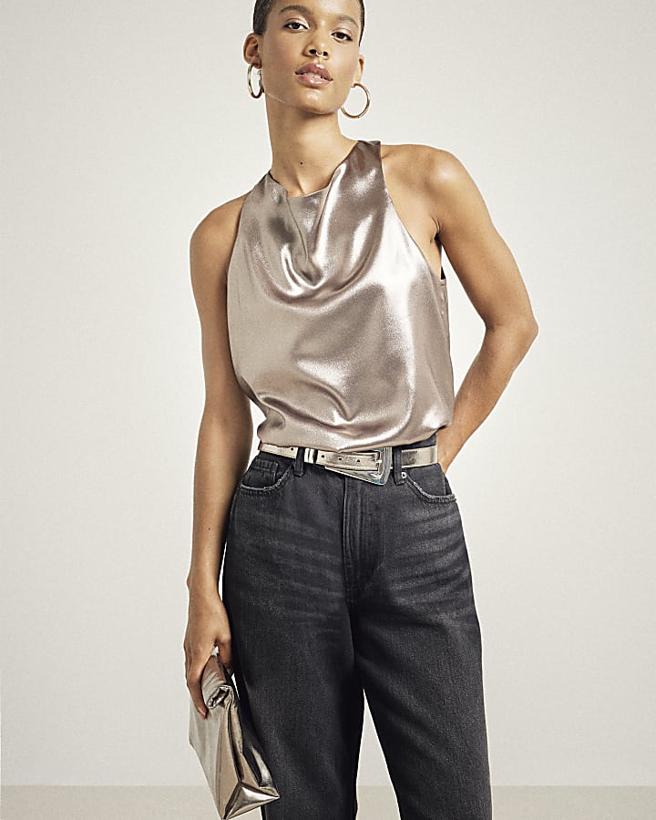 Brown foil cowl halter neck top