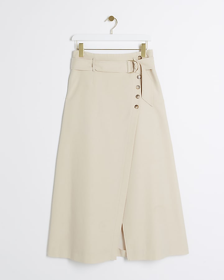 Beige Linen Blend A Line Midi Skirt