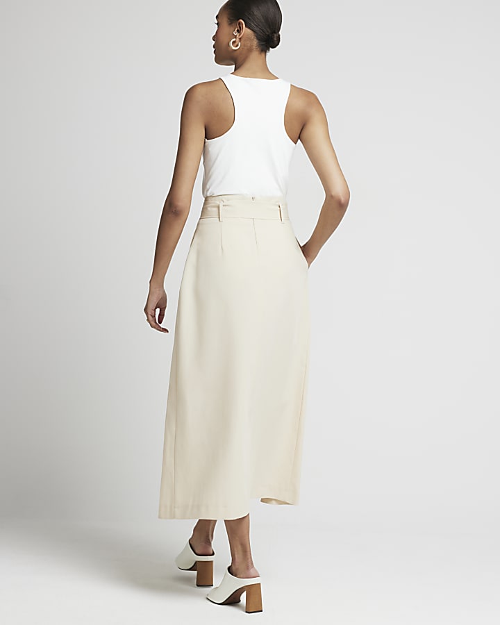 Beige Linen Blend A Line Midi Skirt