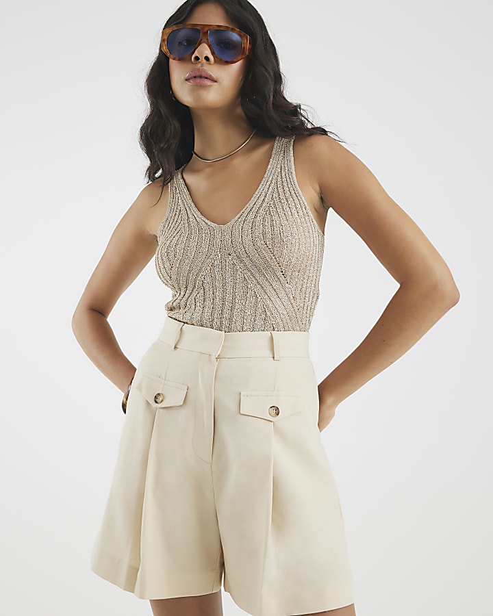 Beige Linen Blend Structured Shorts