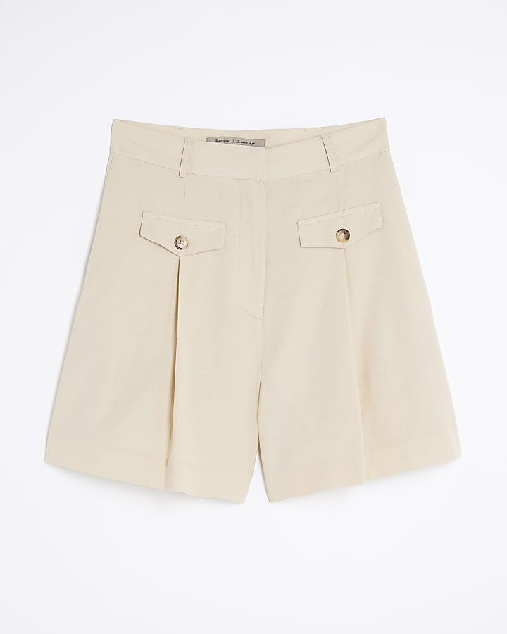 Beige Linen Blend Structured Shorts