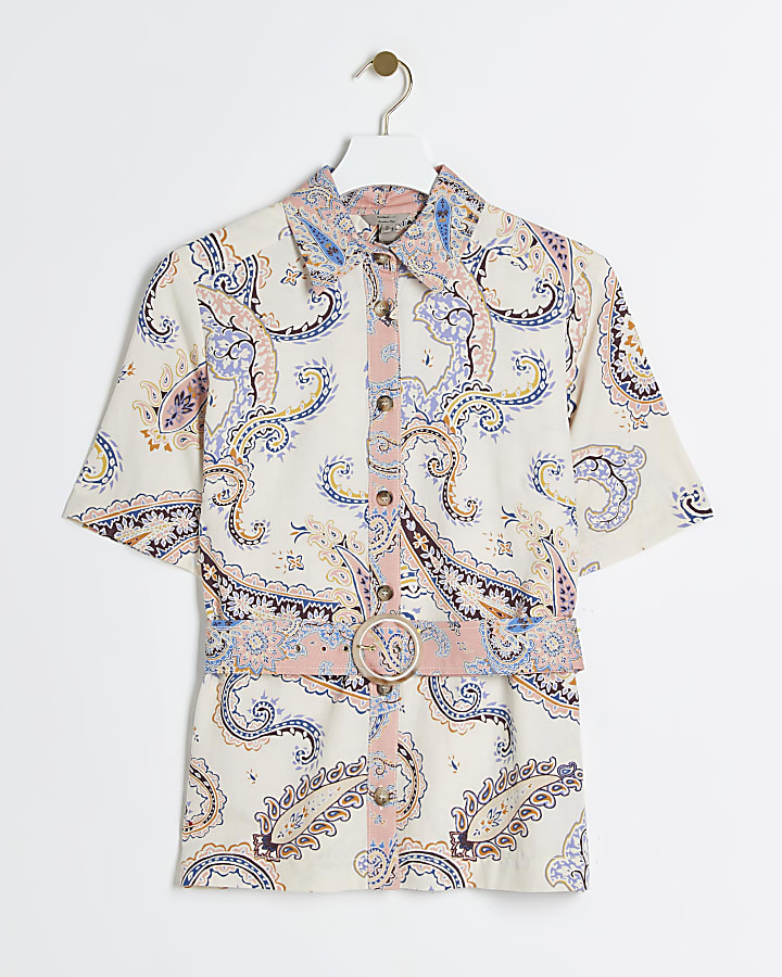 Cream paisley belted shirt