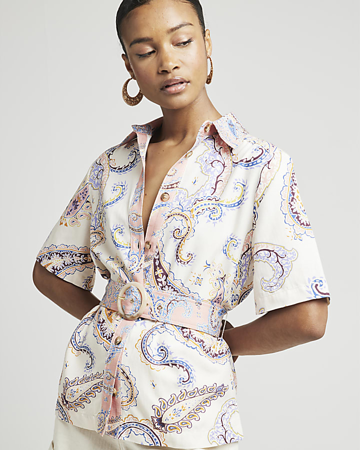 Cream paisley belted shirt