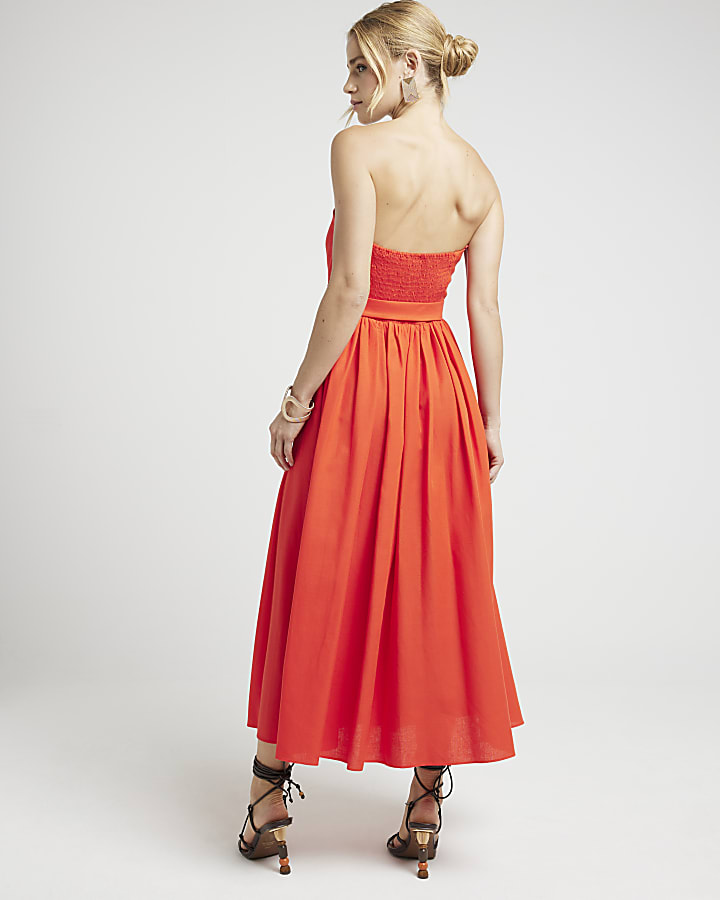 Red belted bandeau prom midi dress