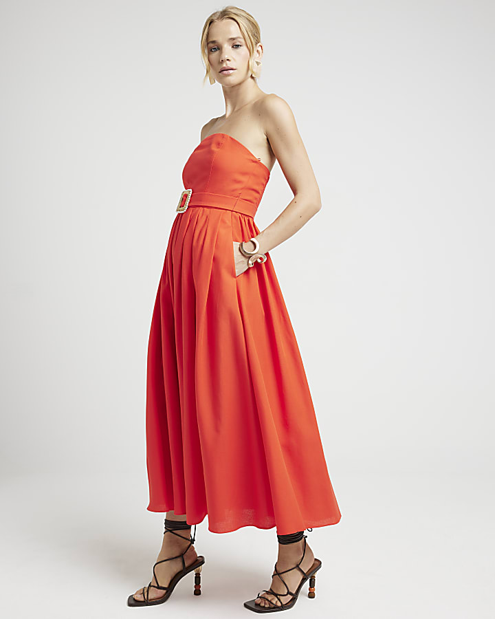 Red belted bandeau prom midi dress