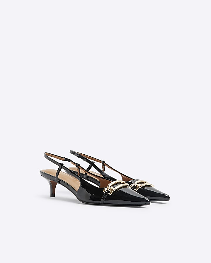 Black patent sling back kitten heeled shoes
