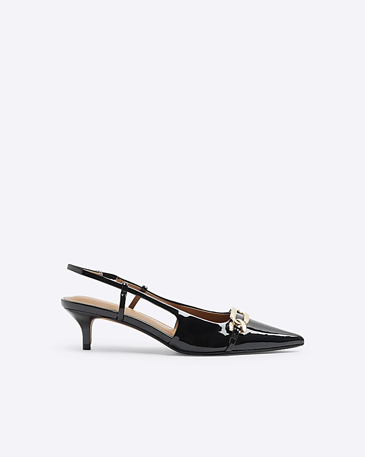 Black patent sling back kitten heeled shoes