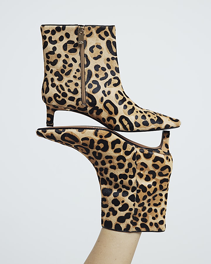 Brown leopard leather kitten heeled boots River Island