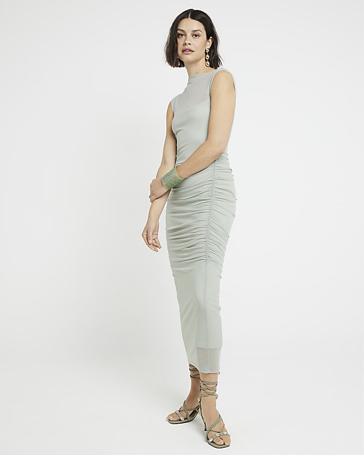 Green Mesh Ruched Bodycon Midi Dress