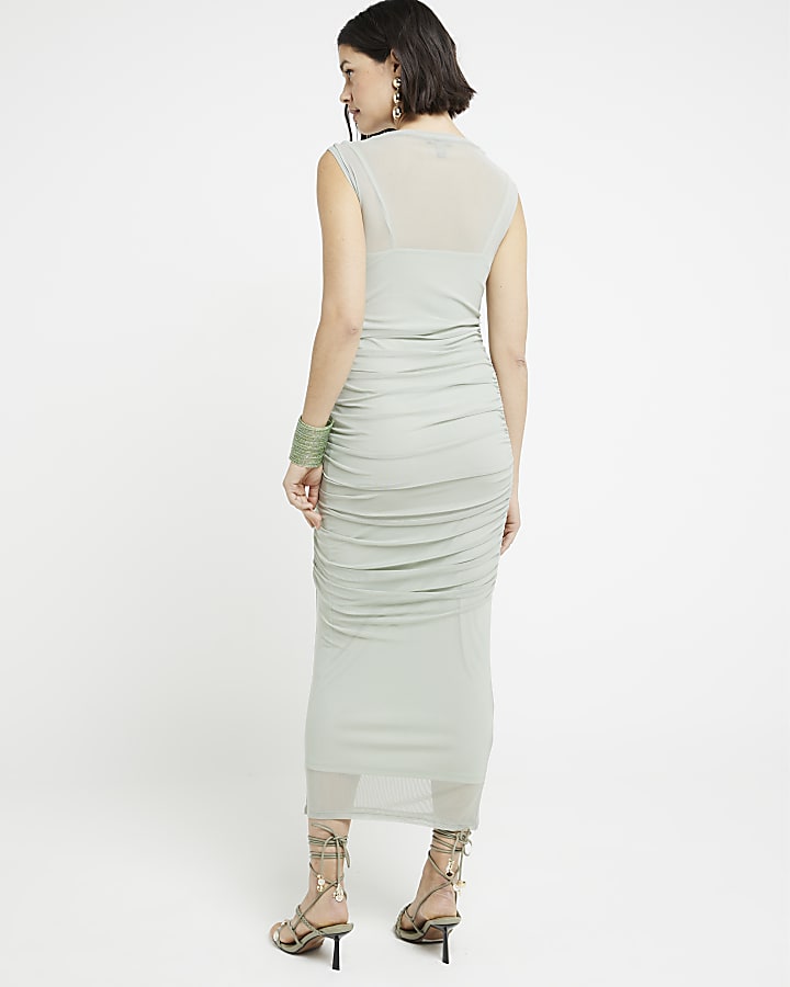 Green Mesh Ruched Bodycon Midi Dress