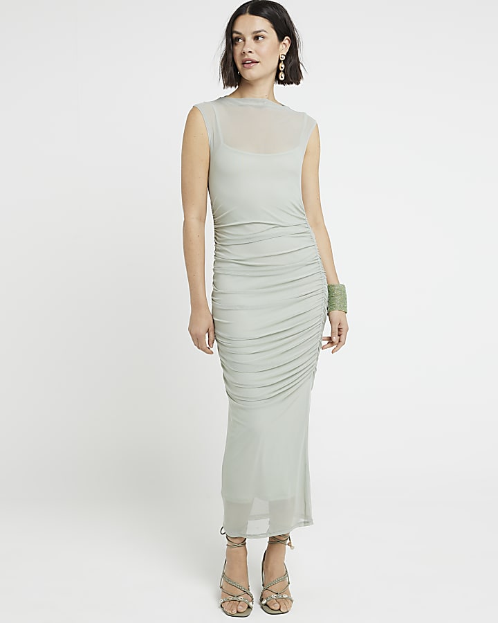 Green Mesh Ruched Bodycon Midi Dress