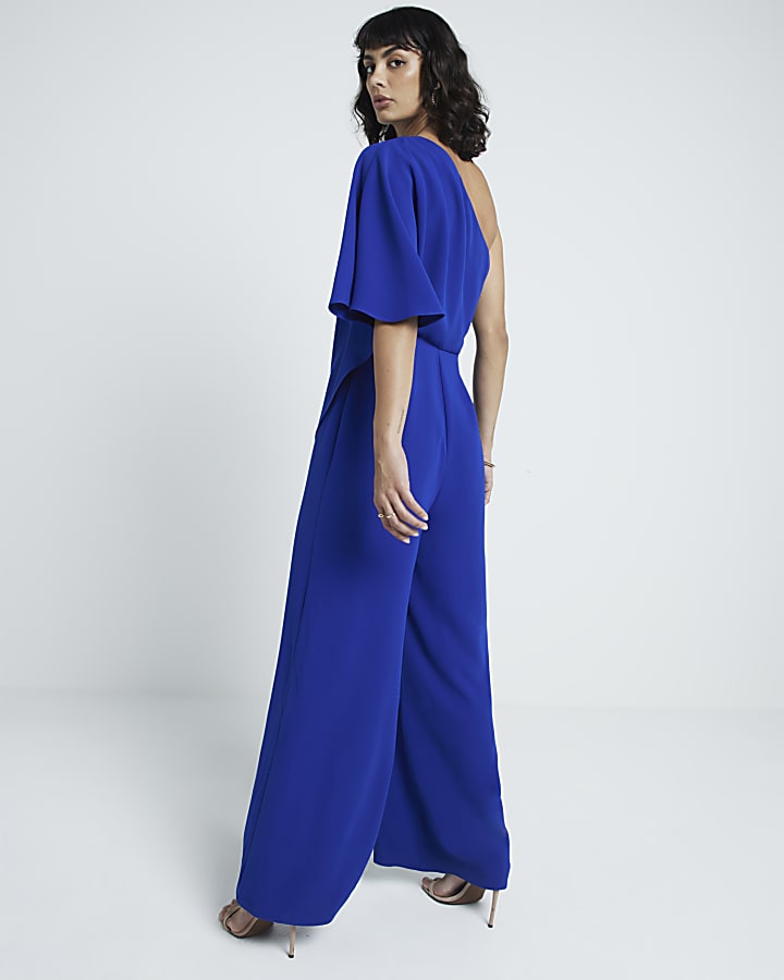 Blue overlay one shoulder jumpsuit