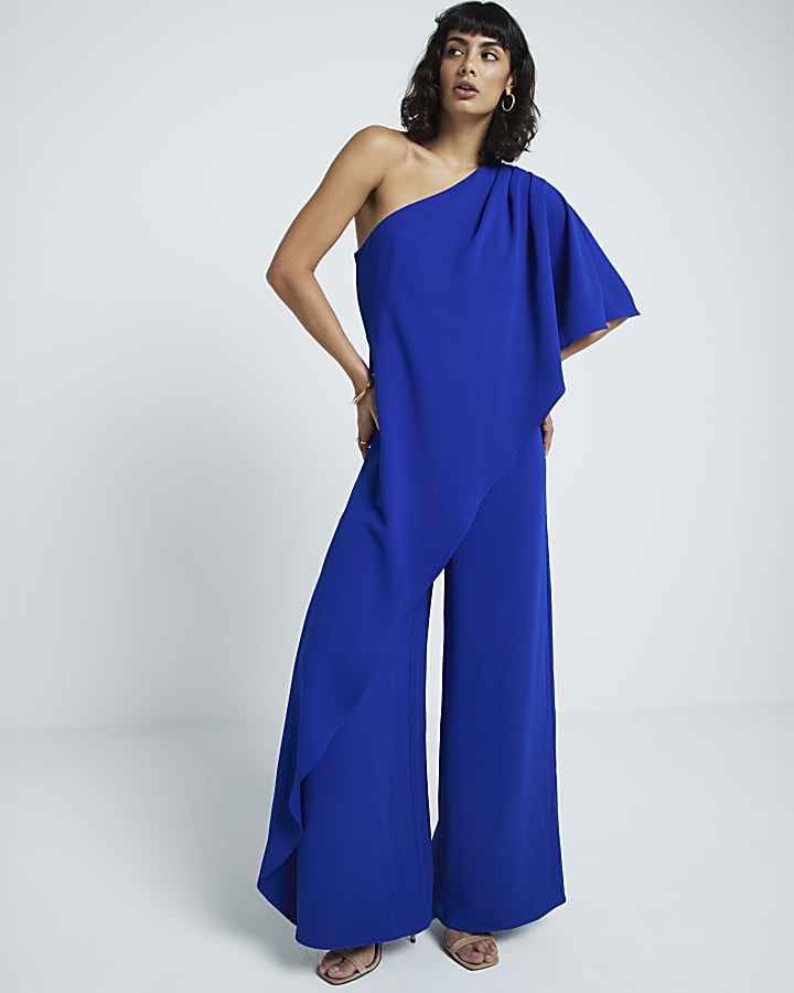 Blue overlay one shoulder jumpsuit River Island