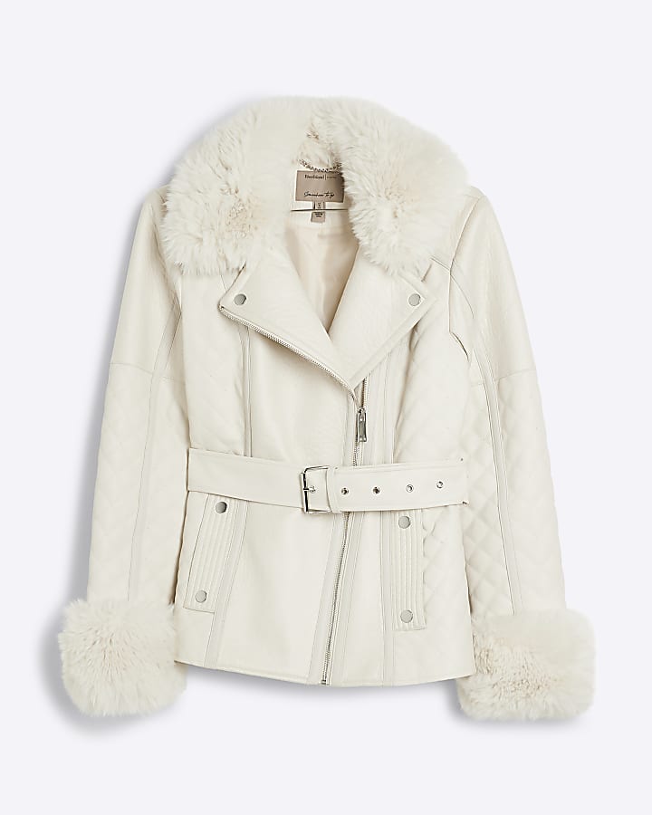 Beige faux fur trim belted biker jacket