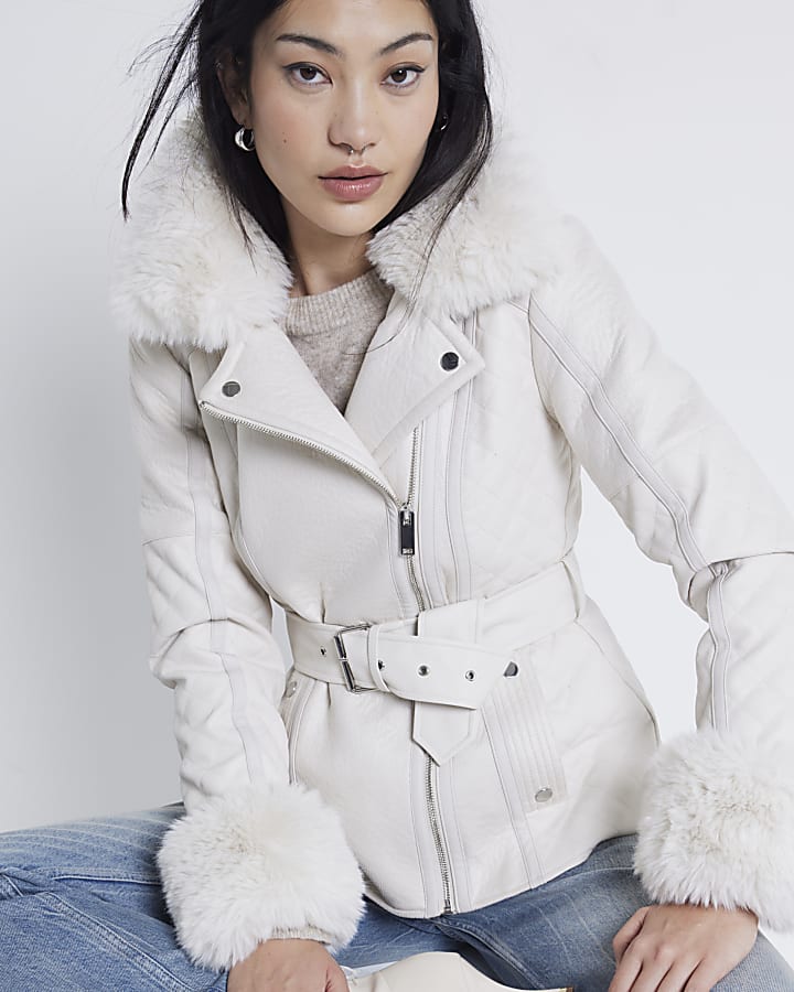 Faux fur trim biker jacket hotsell