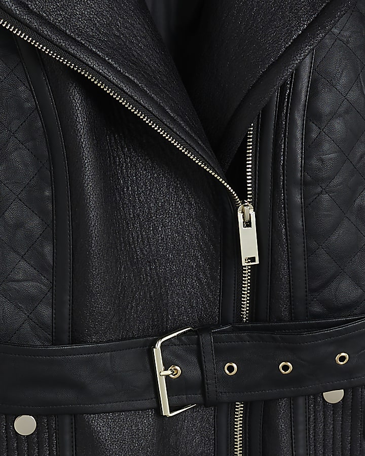 Black Faux Leather Belted Biker Jacket