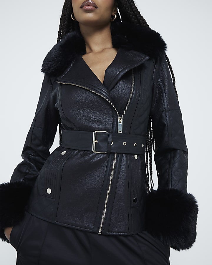 Black Faux Leather Belted Biker Jacket