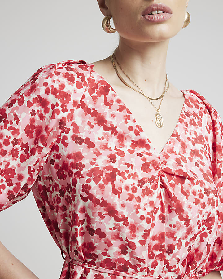 Red floral Belted Swing Mini Dress