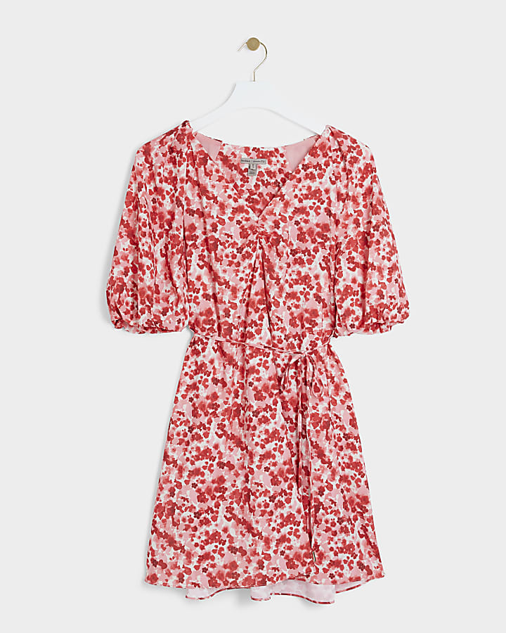 Red floral Belted Swing Mini Dress