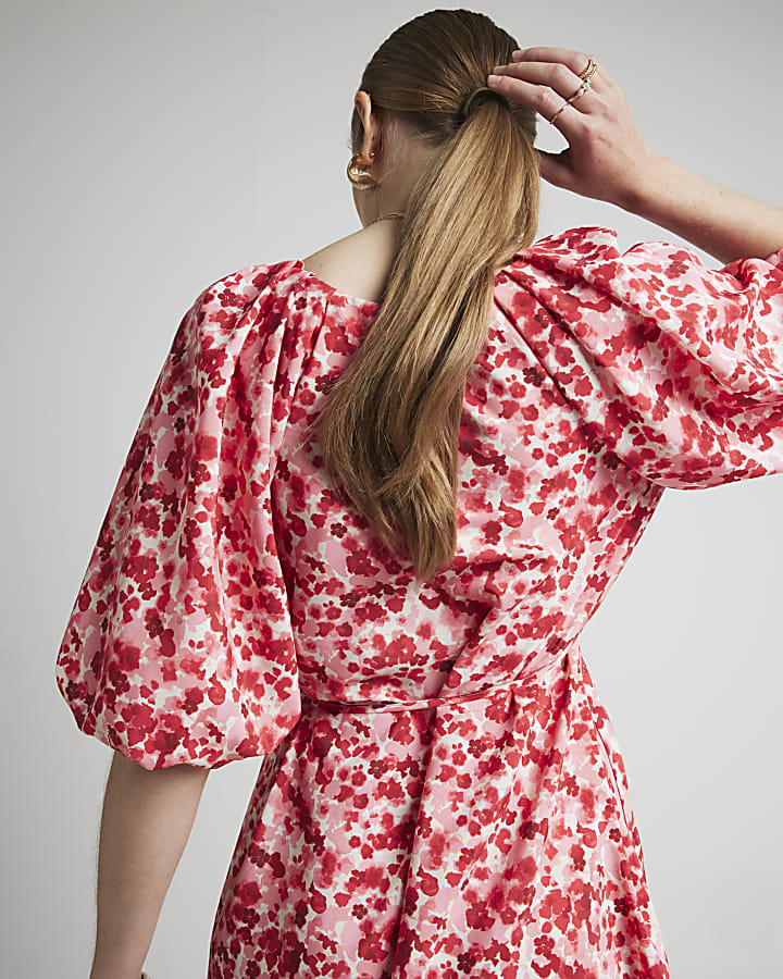 Red floral Belted Swing Mini Dress