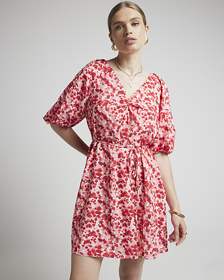 Red floral Belted Swing Mini Dress