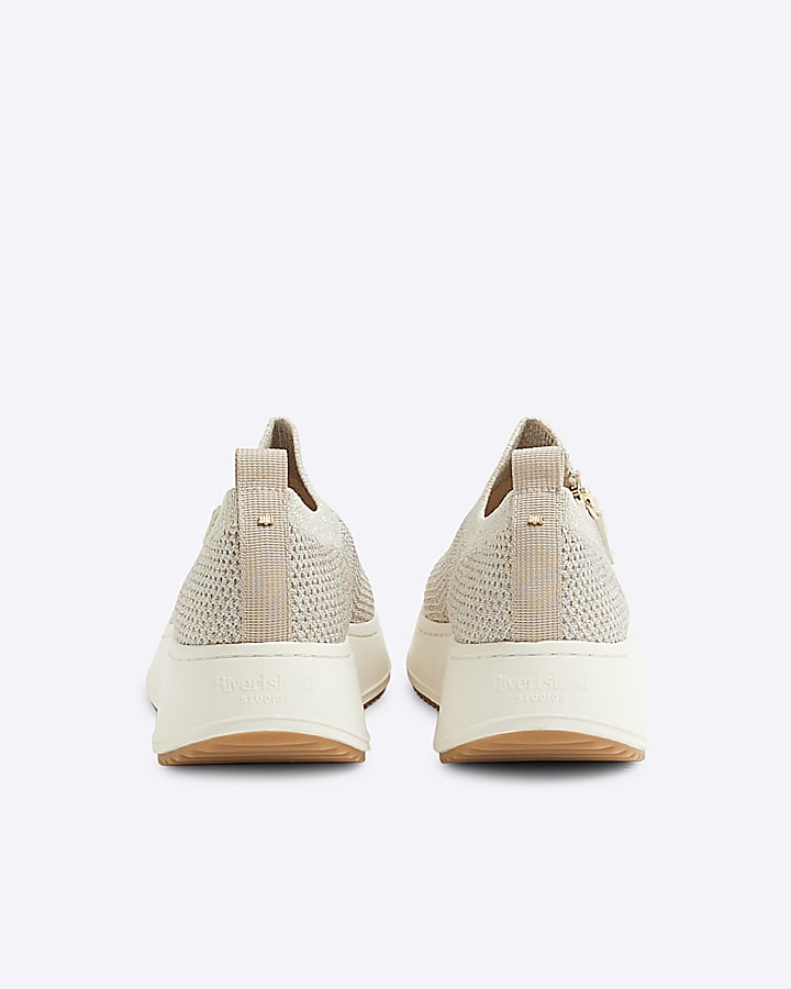 Gold Knitted Slip On Wedge Trainers