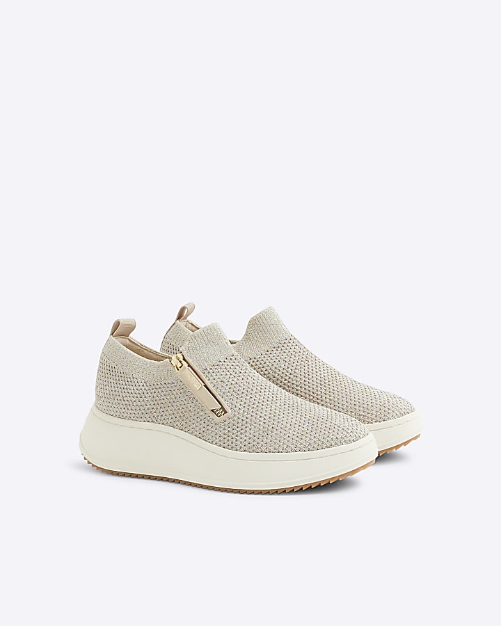 Gold Knitted Slip On Wedge Trainers