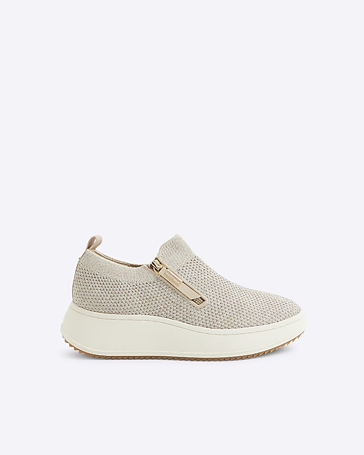 Gold Knitted Slip On Wedge Trainers