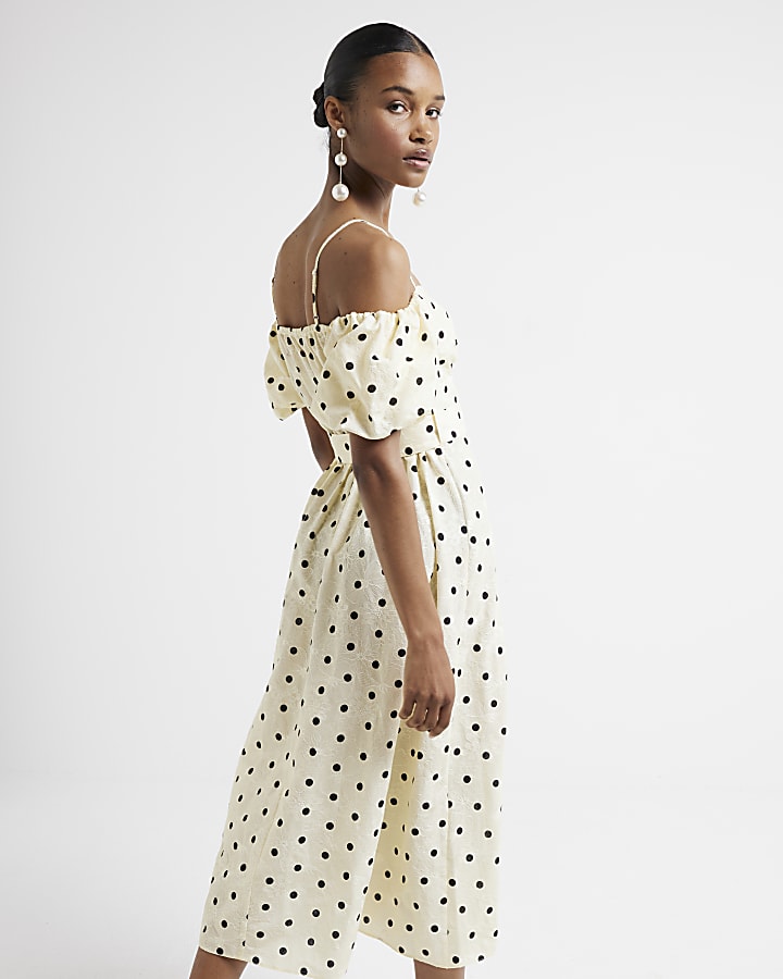 Yellow spot puff sleeve bodycon midi dress